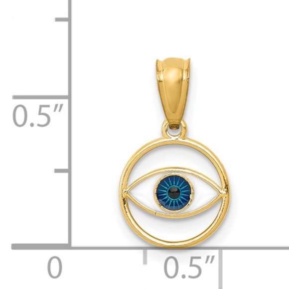 14k Yellow Gold Mini round Evil Eye protect Necklace Charm Pendant blue enamel - Picture 2 of 3